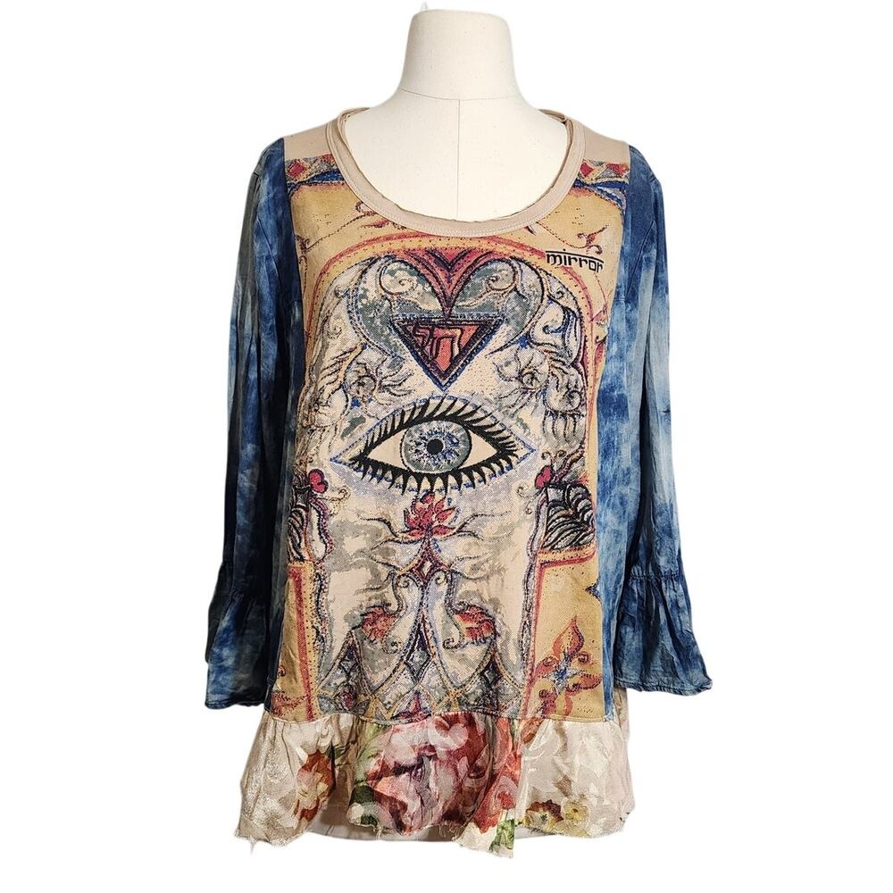 One‑of‑a‑Kind Upcycled Mirror Tee with Bleached Denim Sleeves and Raw
